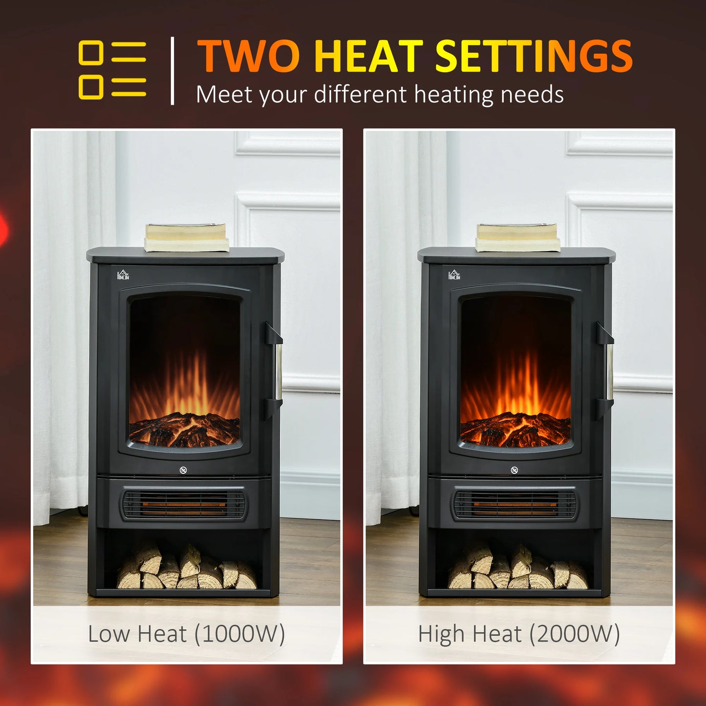 HOMCOM black color 2 heat settings lifelike flame LED Standing electric fireplace